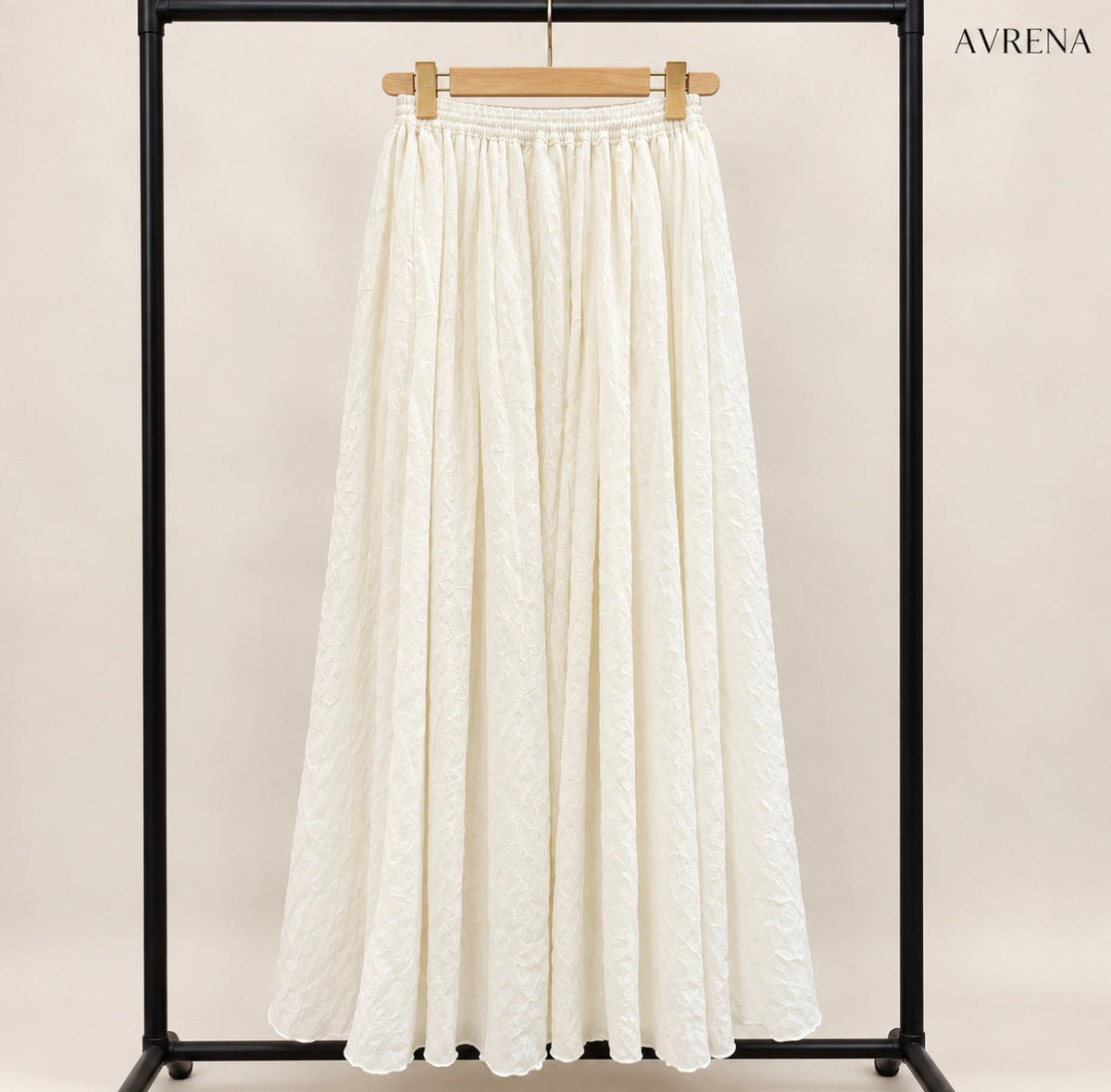 Ivory Crinkle Textured Maxi Skirt with Elastic Waist