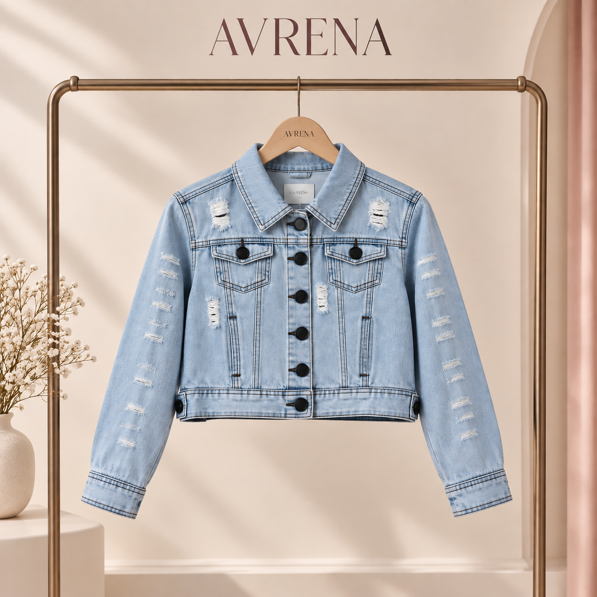 Light Blue Distressed Denim Jacket with Black Buttons