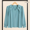 Aqua Blue V-Neck Blouse with Layered Collar