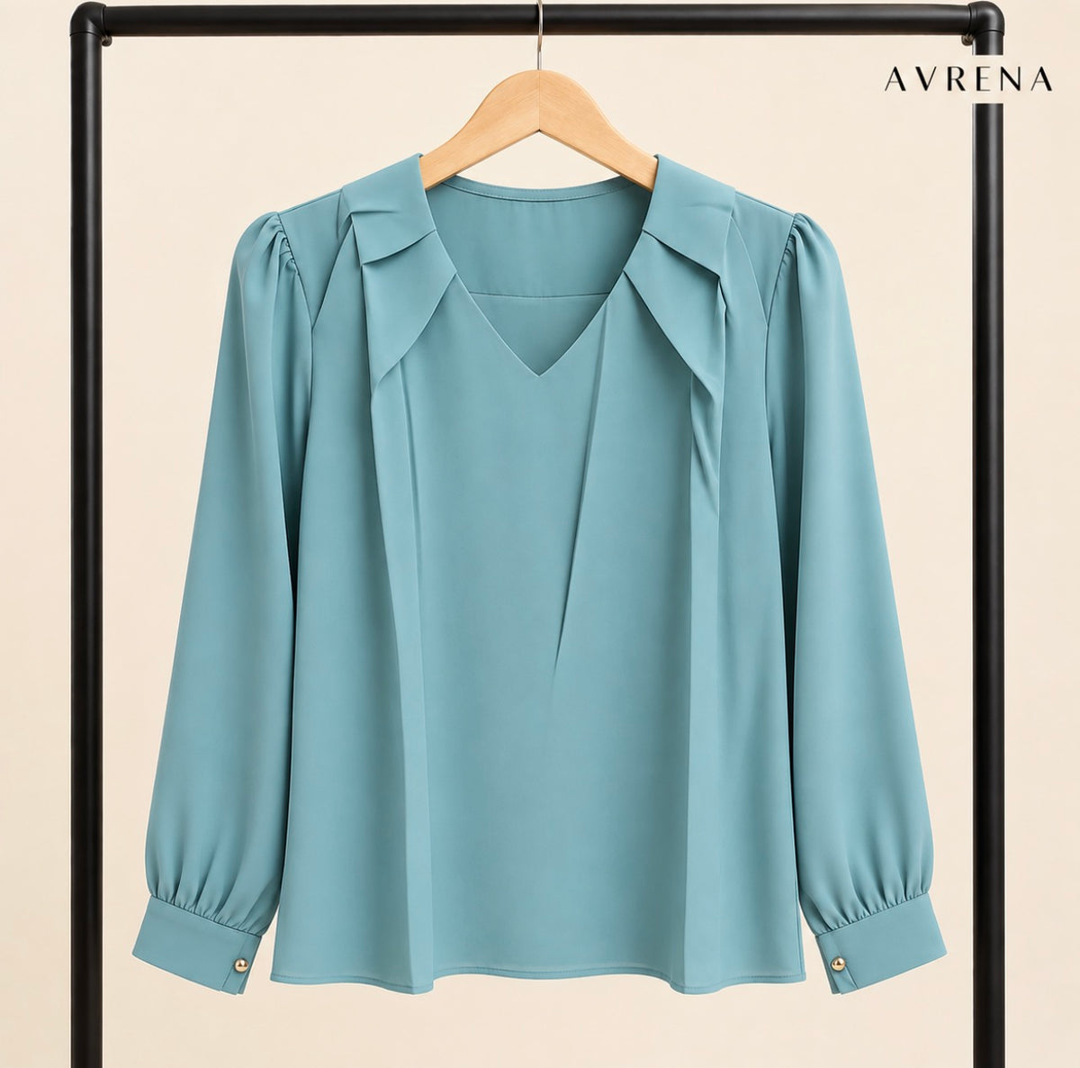Aqua Blue V-Neck Blouse with Layered Collar
