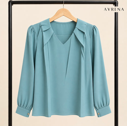 Aqua Blue V-Neck Blouse with Layered Collar