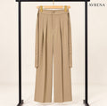 Beige Pleated Wide-Leg Trousers with Side Tie Detail