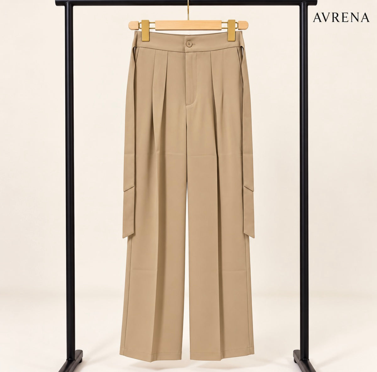 Beige Pleated Wide-Leg Trousers with Side Tie Detail