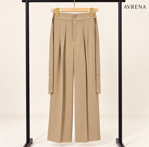 Beige Pleated Wide-Leg Trousers with Side Tie Detail