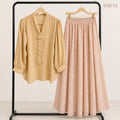 Beige Tie-Neck Blouse & Printed Maxi Skirt Set