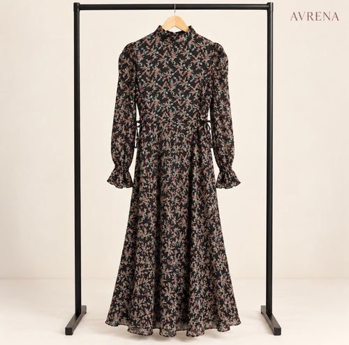 Black Floral Maxi Dress with Side Ties & Ruffle Cuffs