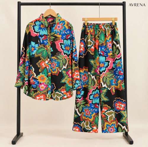 Black Multicolour Floral Print Shirt & Trouser Set
