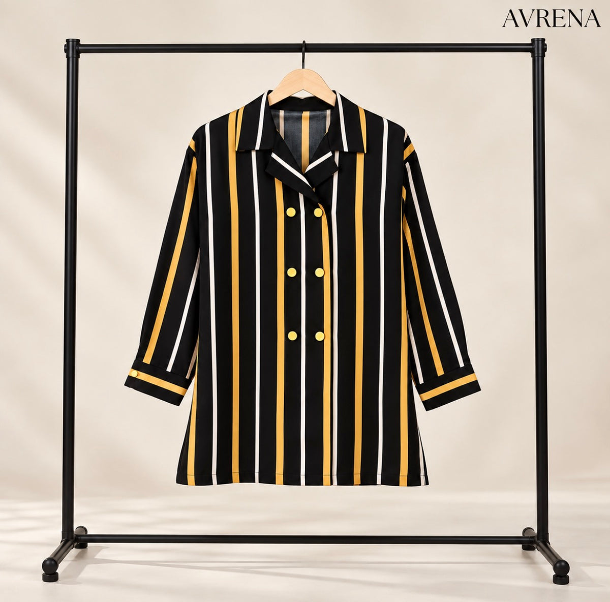 Black & Mustard Striped Double-Breasted Long Shirt