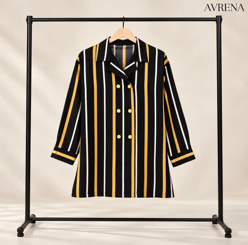 Black & Mustard Striped Double-Breasted Long Shirt