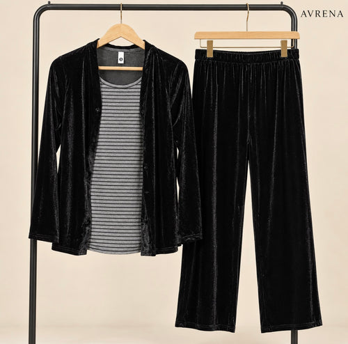 Black Velvet Cardigan & Trouser Set with Grey Striped Inner Top