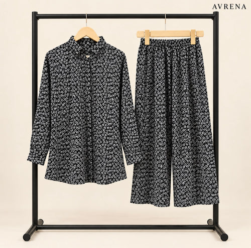 Black & White Ditsy Floral Shirt & Trouser Set