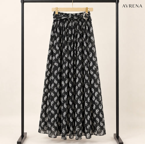 Black & White Paisley Print Maxi Skirt with Buckle Belt