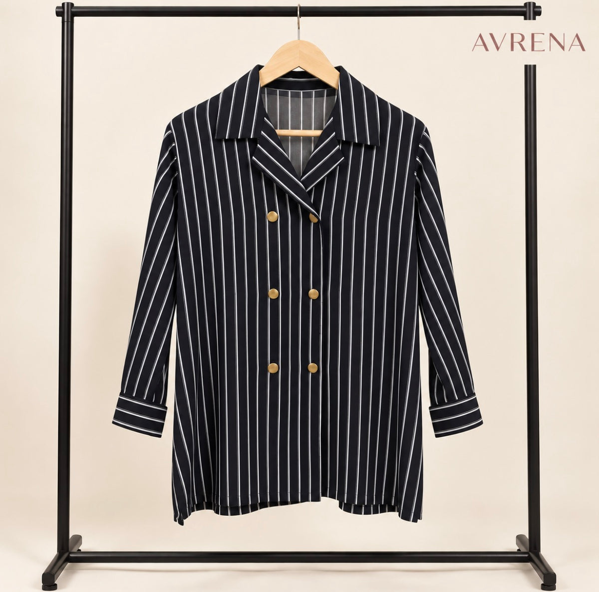 Black & White Pinstriped Double-Breasted Long Shirt