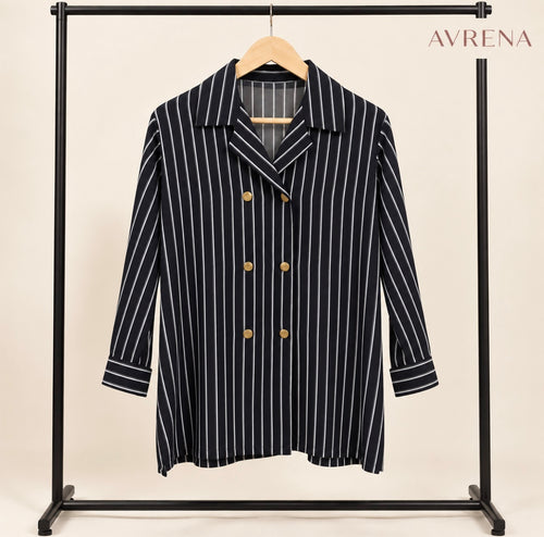 Black & White Pinstriped Double-Breasted Long Shirt