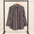 Black & White Striped Button-Down Shirt with Red Accents
