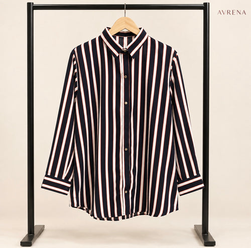 Black & White Striped Button-Down Shirt with Red Accents