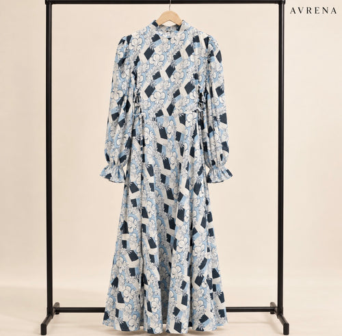 Blue Floral & Geometric Print Maxi Dress with Side Ties