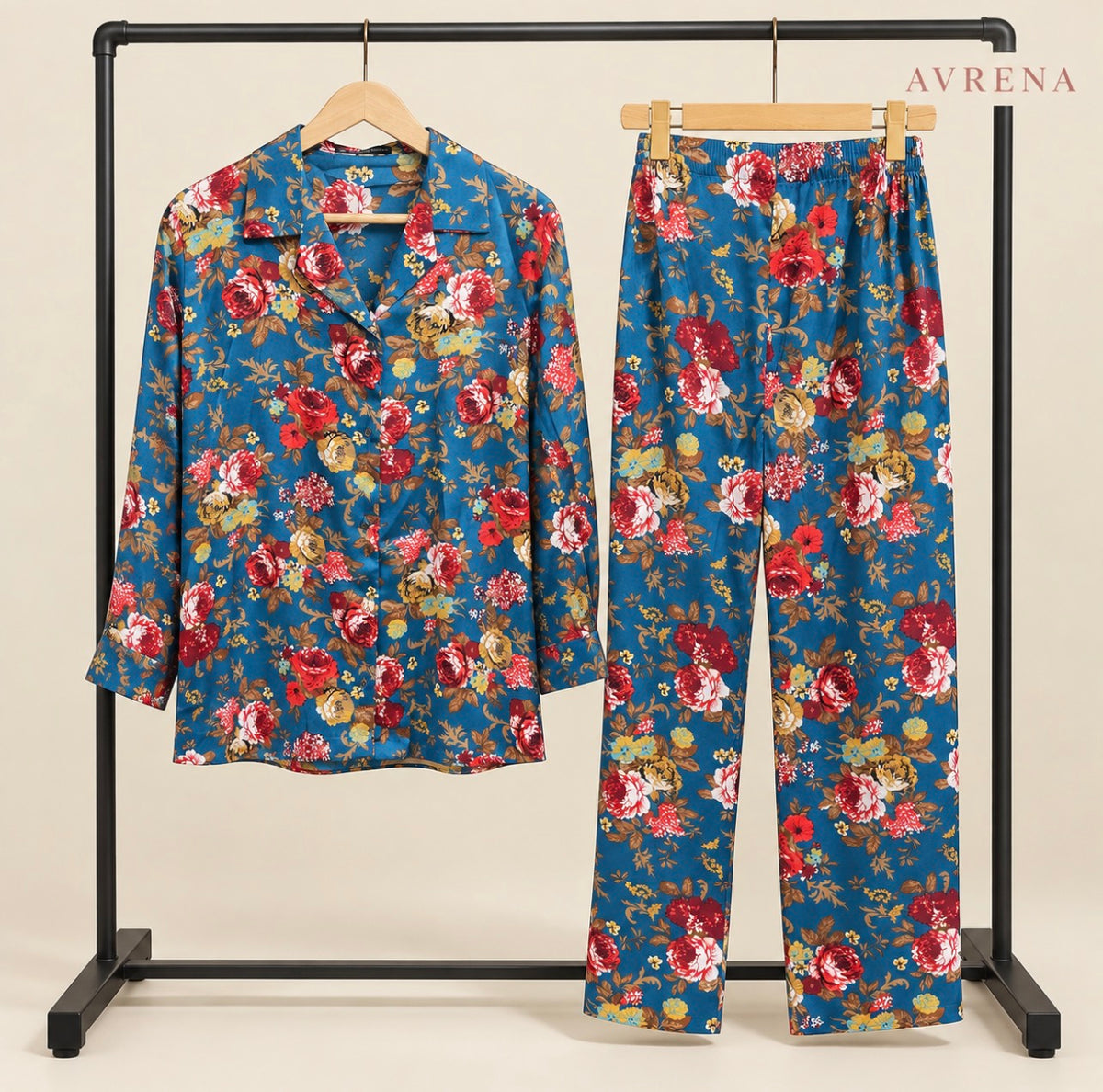 Blue Floral Print Button-Down Shirt & Trouser Set