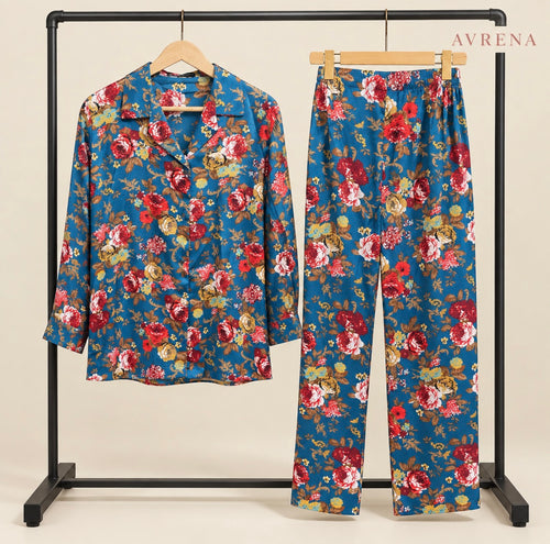Blue Floral Print Button-Down Shirt & Trouser Set