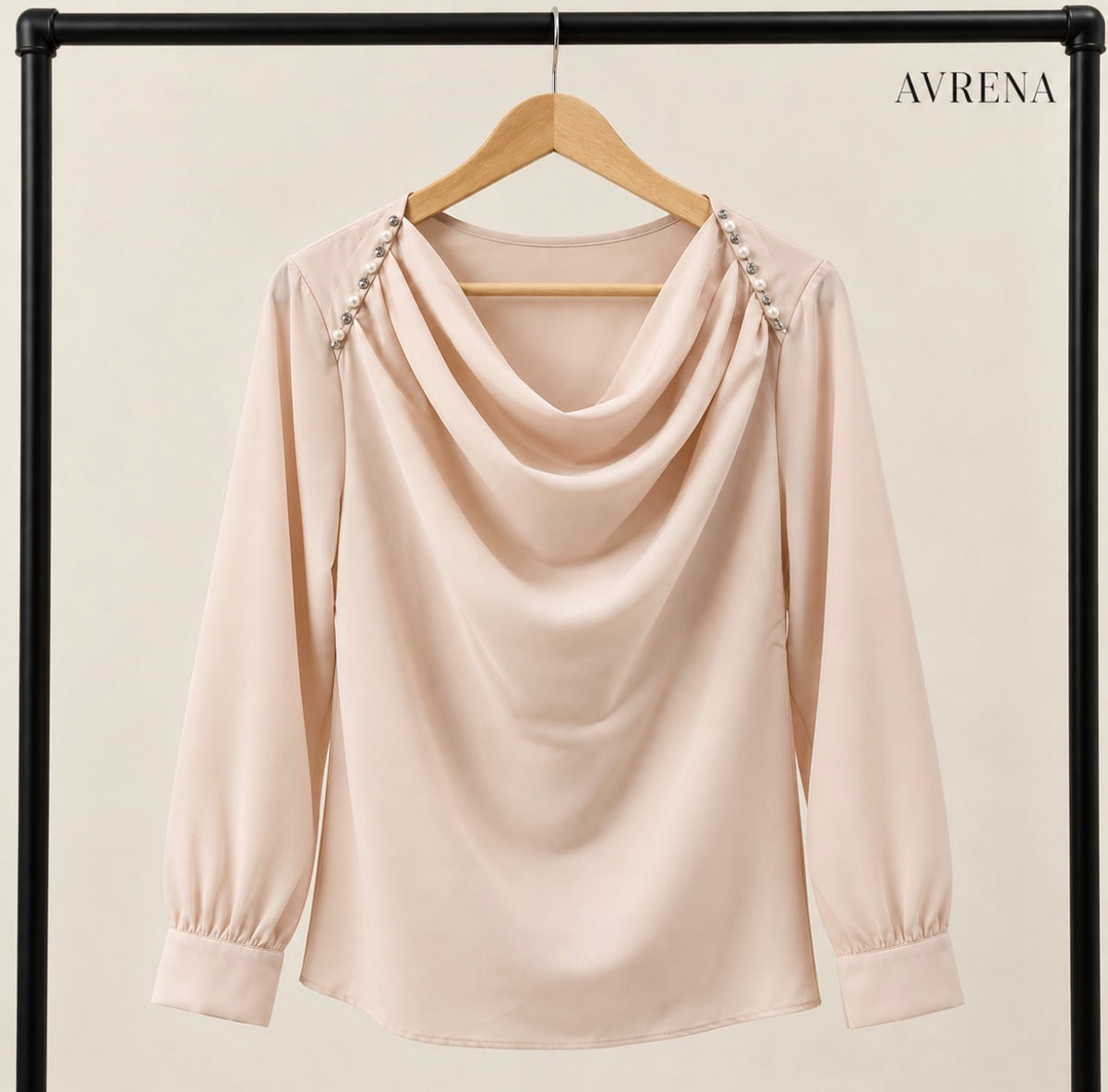 Blush Pearl-Detail Cowl-Neck Blouse