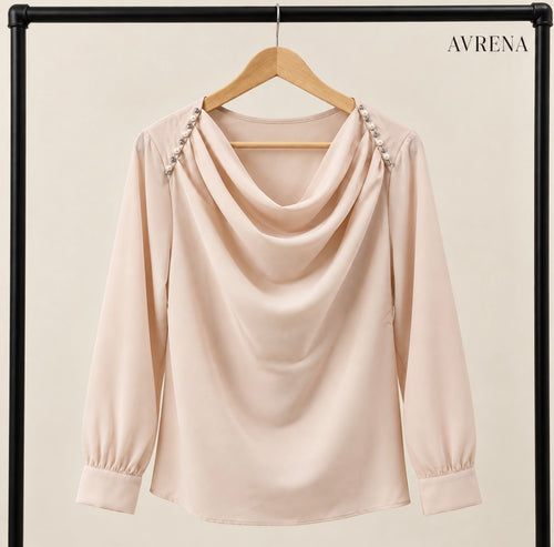 Blush Pearl-Detail Cowl-Neck Blouse