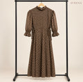 Brown Motif Print Maxi Dress with Side Ties & Ruffle Cuffs