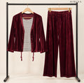 Burgundy Velvet Cardigan & Trouser Set with Striped Inner Top
