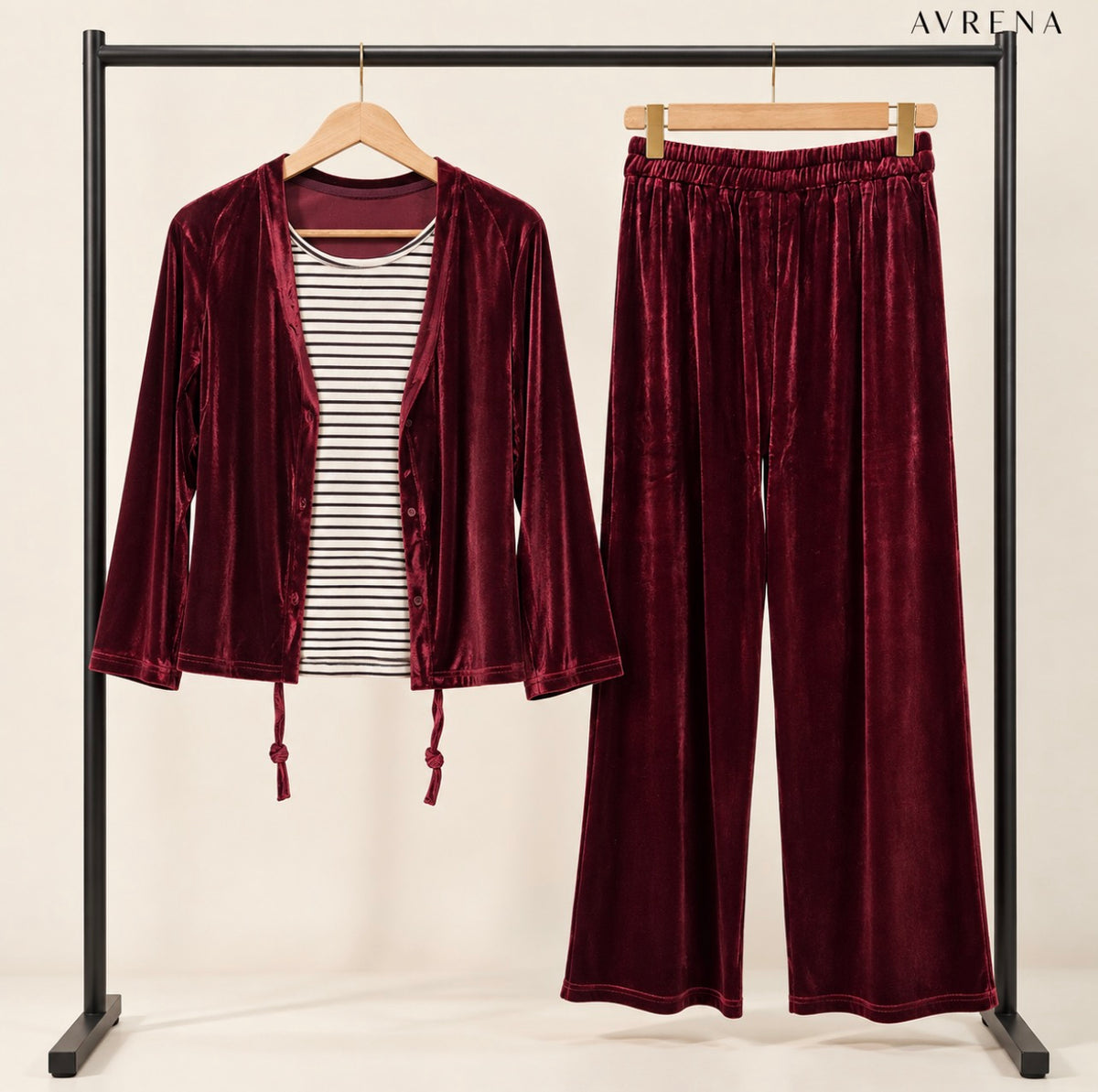 Burgundy Velvet Cardigan & Trouser Set with Striped Inner Top