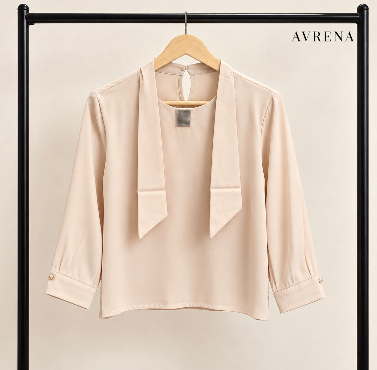Champagne Scarf-Detail Blouse with Embellished Neckline