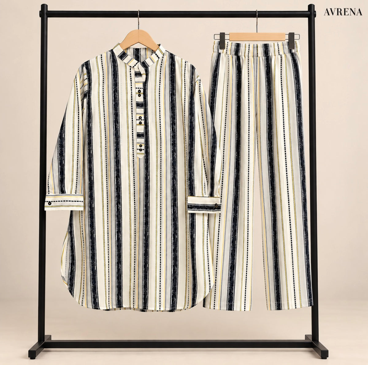 Cream & Black Striped Long Shirt and Trouser Set