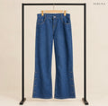 Dark Blue Wide-Leg Denim Jeans with Side Buttonhole Detail and Front Pockets