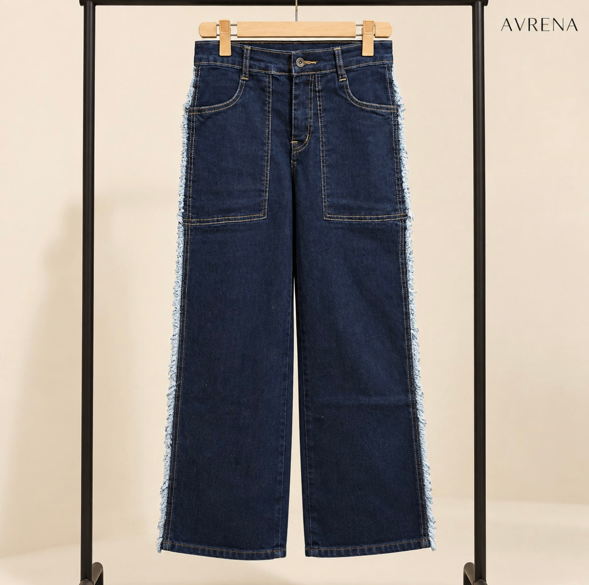 Dark Blue Wide-Leg Jeans with Frayed Sides and Patch Pockets