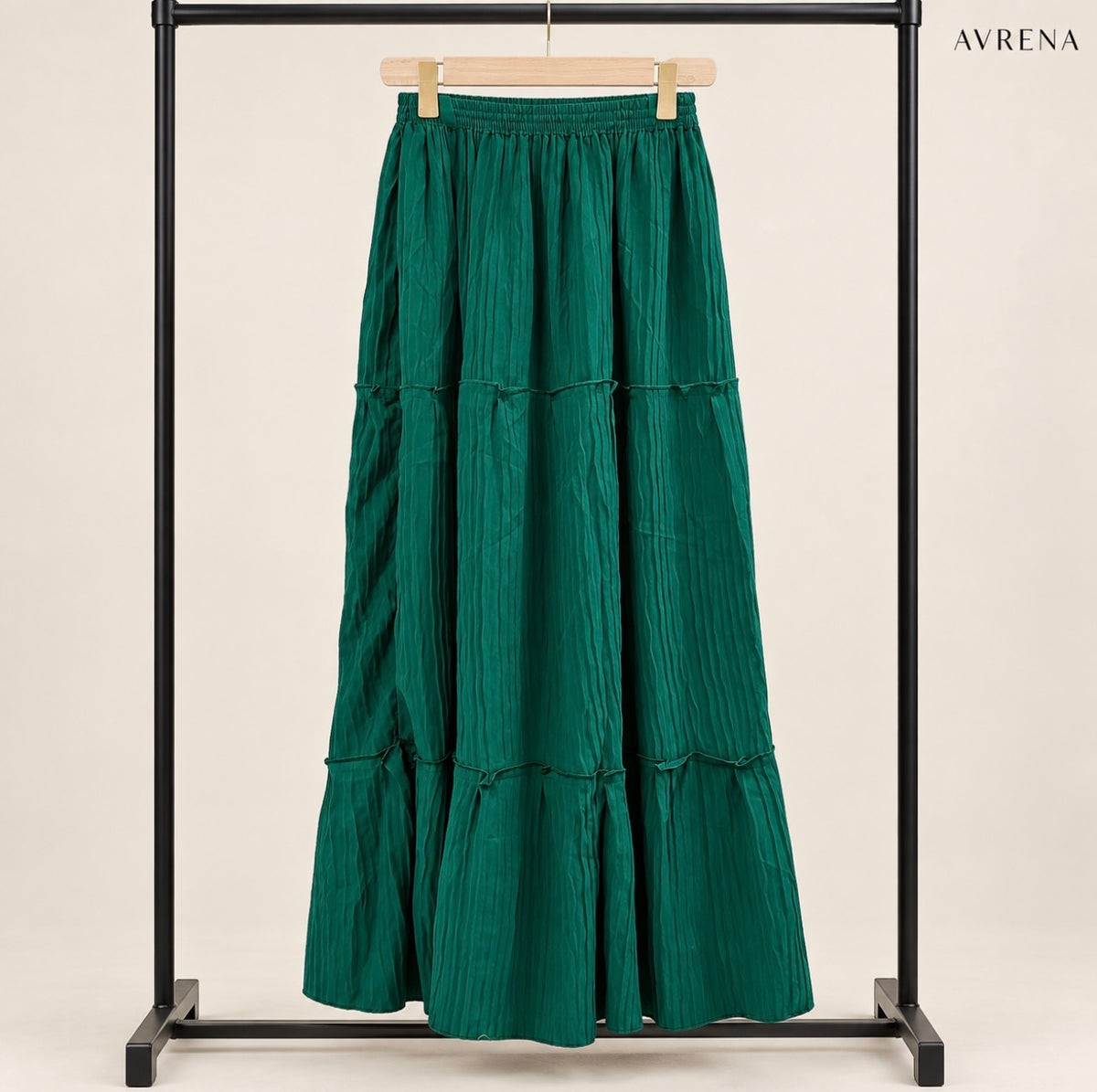 Emerald Green Textured Tiered Maxi Skirt with Elastic Waist