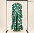 Green Floral Print Maxi Dress with Side Ties & Long Sleeves