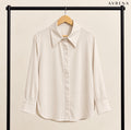 Ivory Concealed-Button Shirt with Wide Collar & Long Sleeves