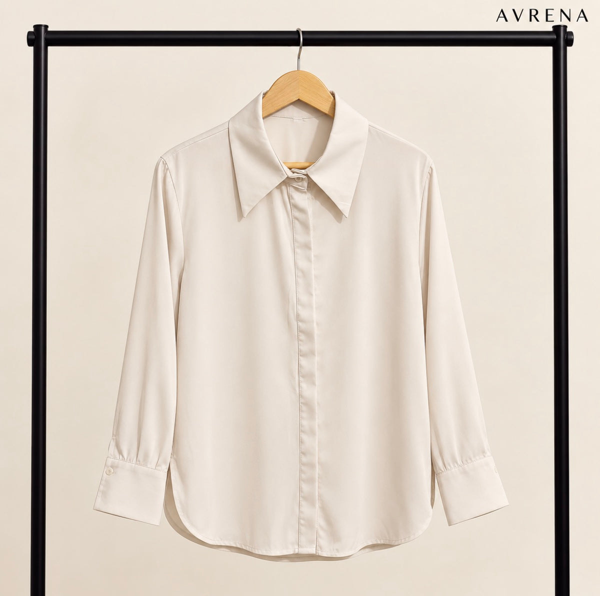 Ivory Concealed-Button Shirt with Wide Collar & Long Sleeves