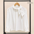 Ivory Pearl-Detail Scarf-Neck Blouse