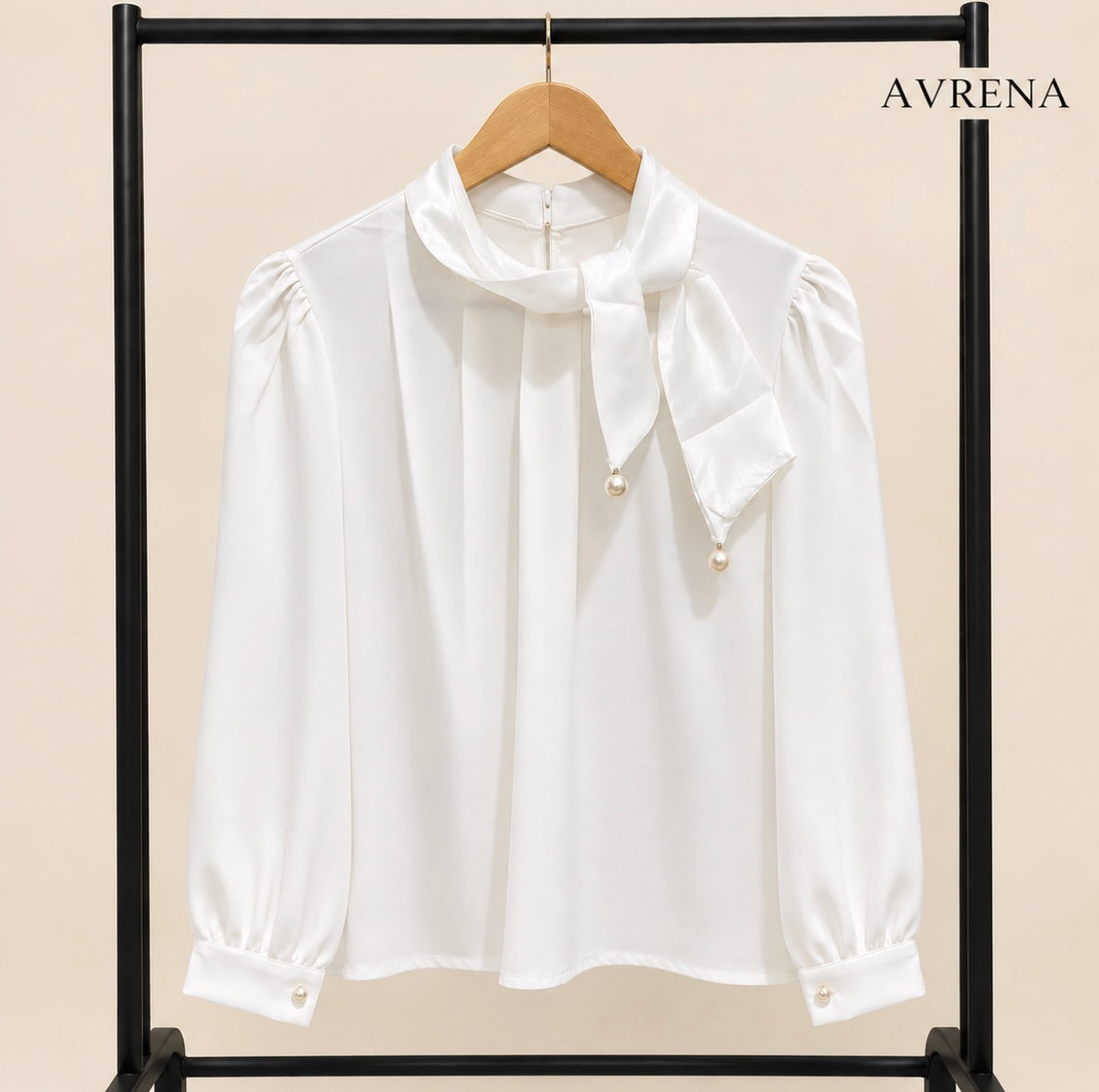 Ivory Pearl-Detail Scarf-Neck Blouse