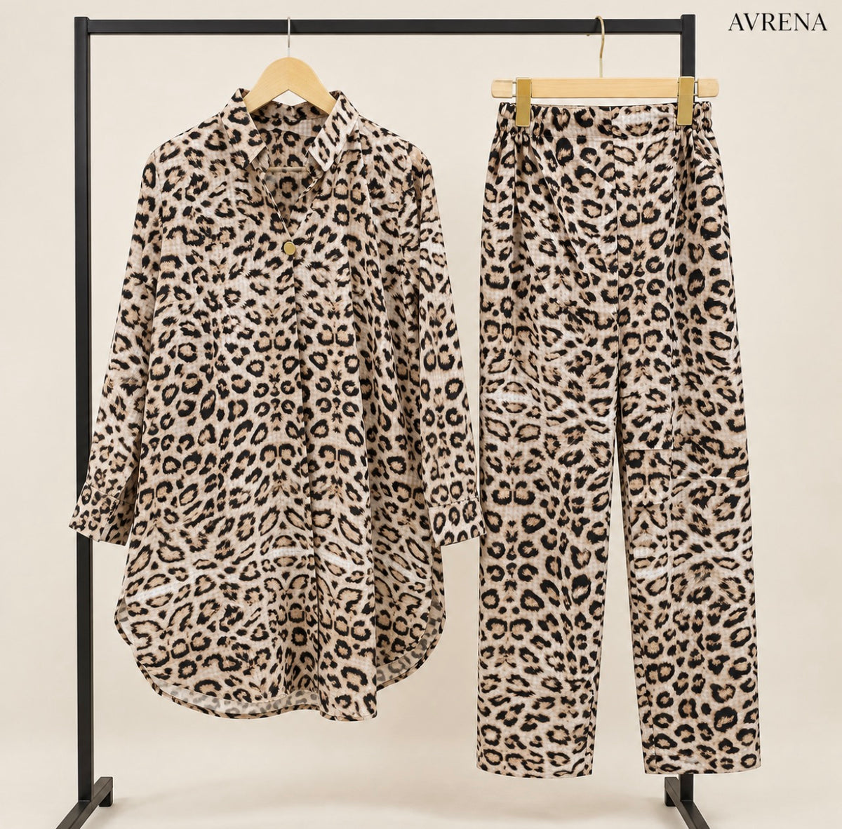 Leopard Print Single-Button Long Shirt & Trouser Set