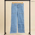 Light Blue Wide-Leg Jeans with Frayed Sides and Patch Pockets