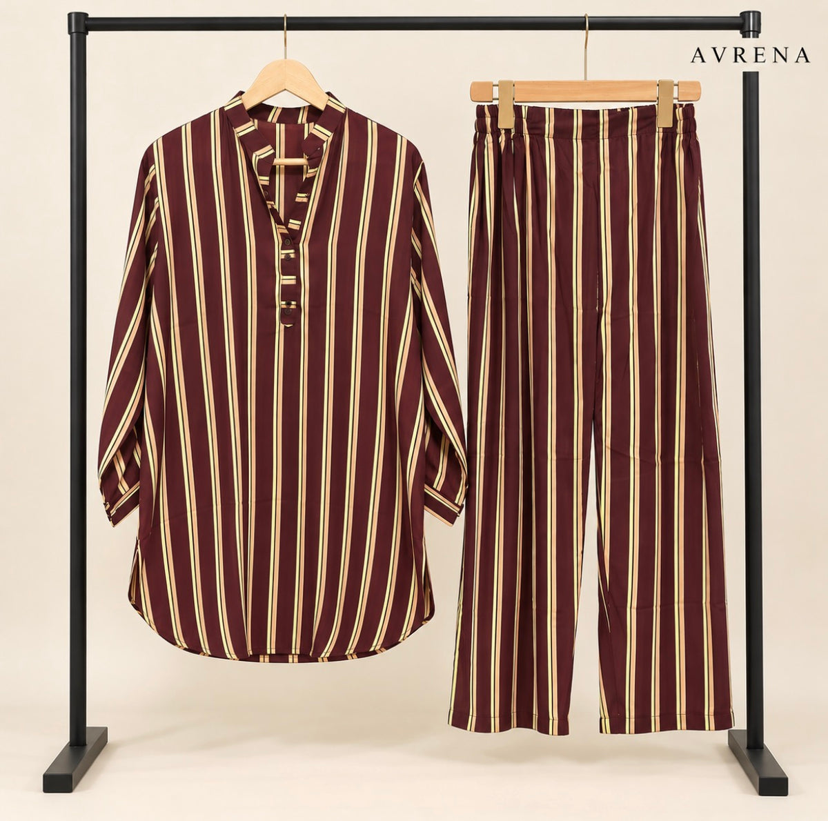 Maroon & Beige Striped Long Shirt & Trouser Set