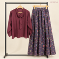 Maroon Tie-Neck Blouse & Floral Maxi Skirt Set