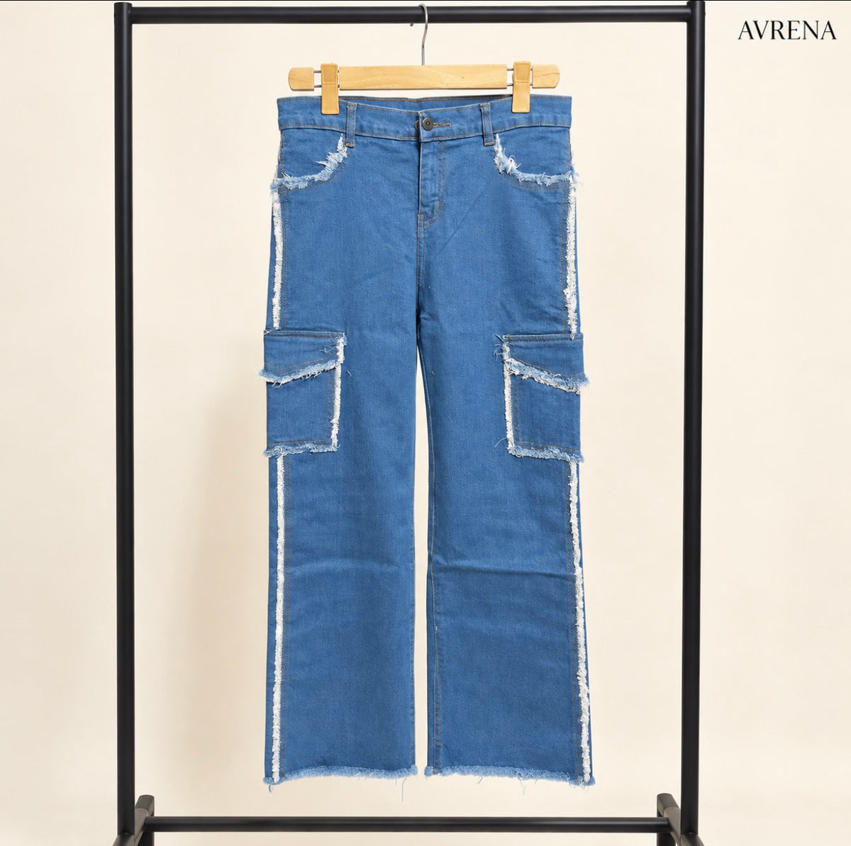 Medium Blue Wide-Leg Cargo Jeans with Flap Pockets and Frayed Edges