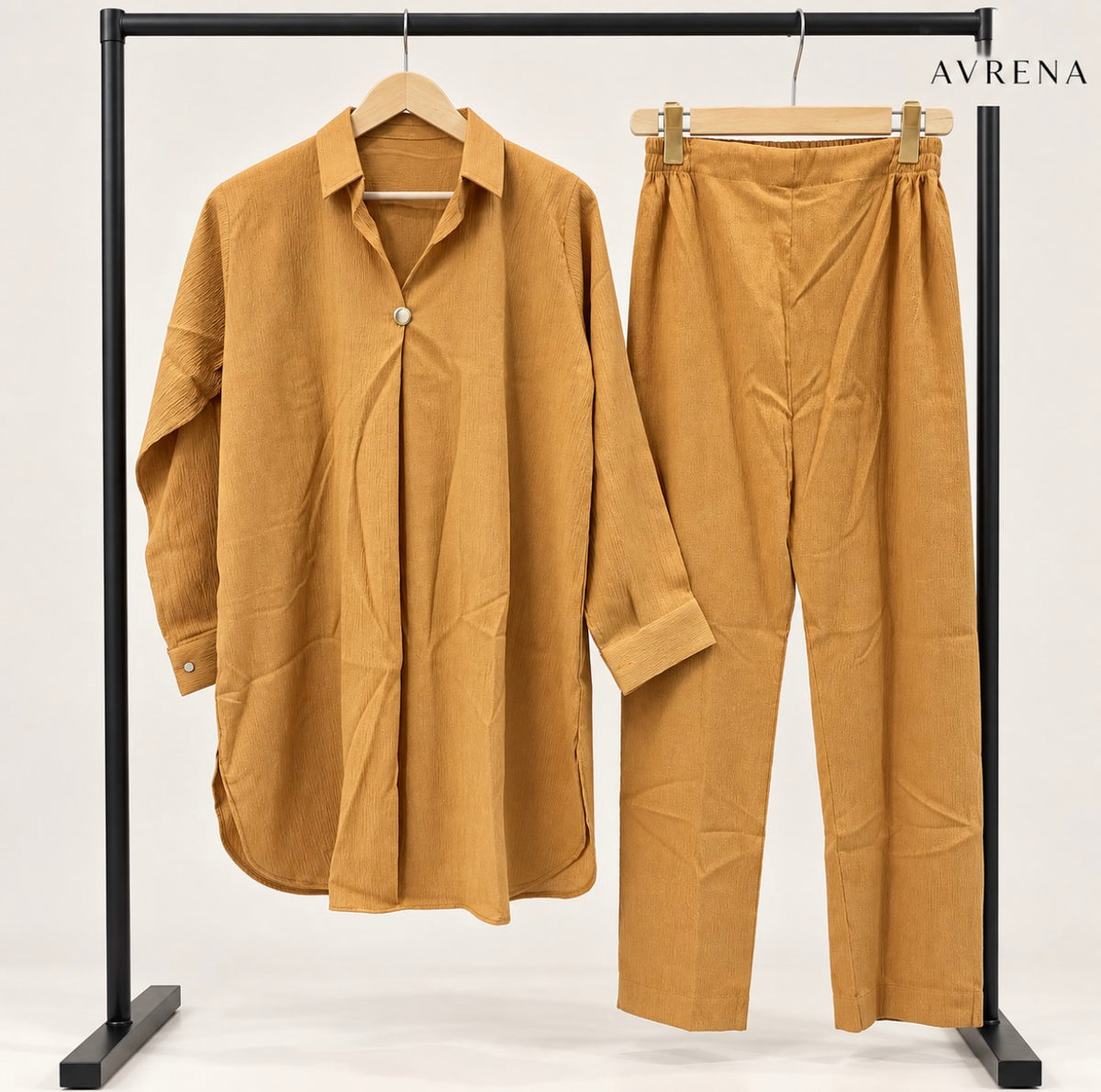 Mustard Textured Single-Button Long Shirt & Trouser Set