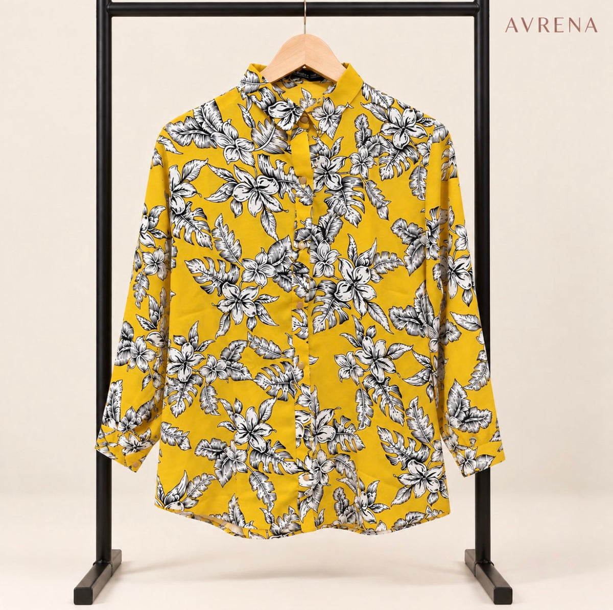 Mustard Yellow Floral Print Button-Down Shirt