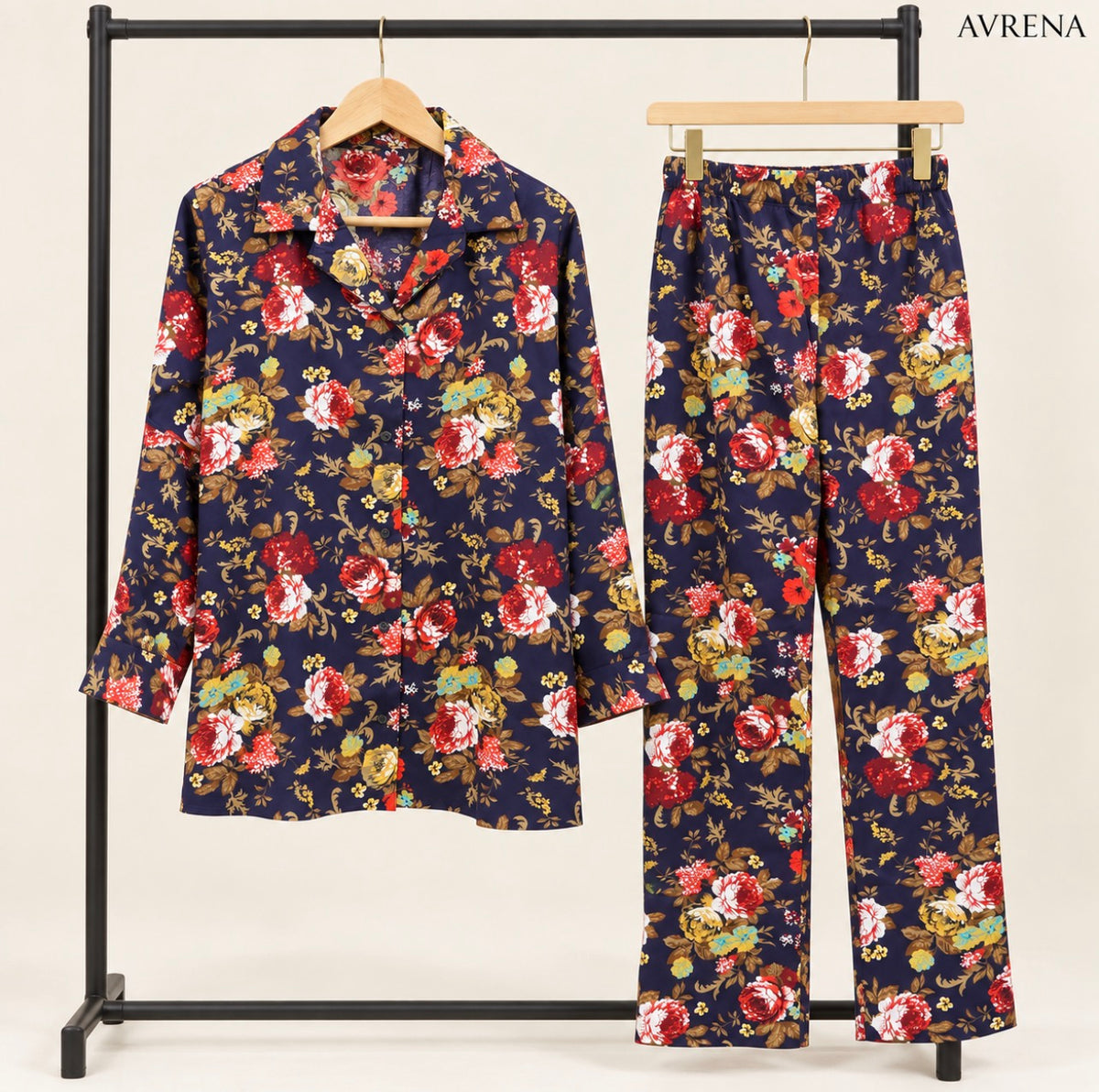 Navy Floral Print Button-Down Shirt & Trouser Set