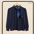 Navy Pearl-Detail Scarf-Neck Blouse