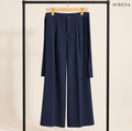 Navy Pleated Wide-Leg Trousers with Side Tie Detail