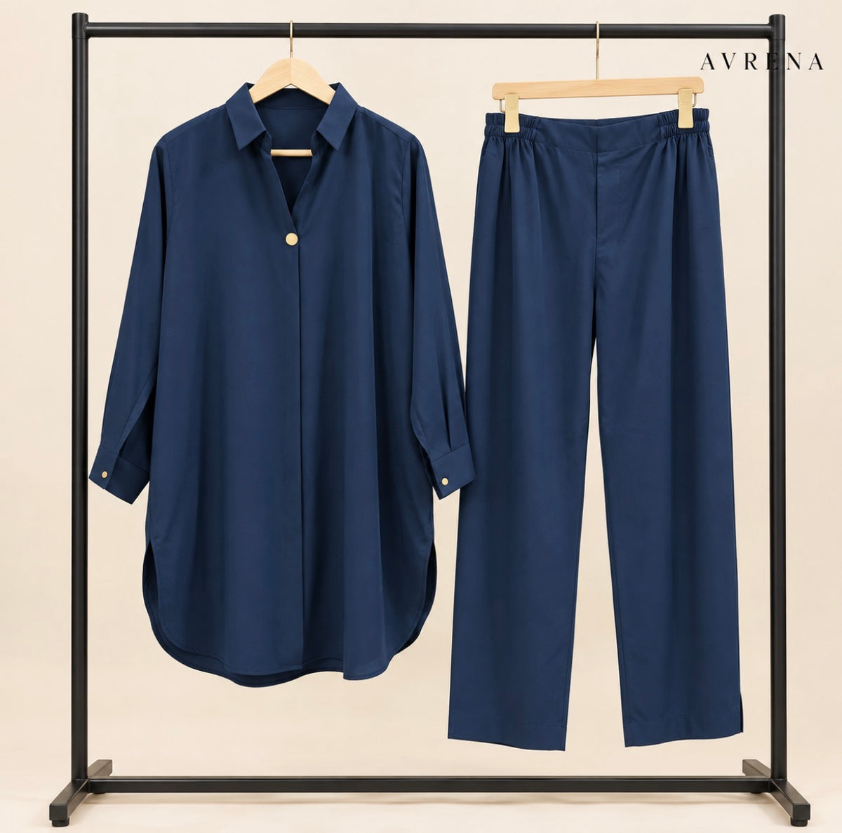 Navy Single-Button Long Shirt & Trouser Set