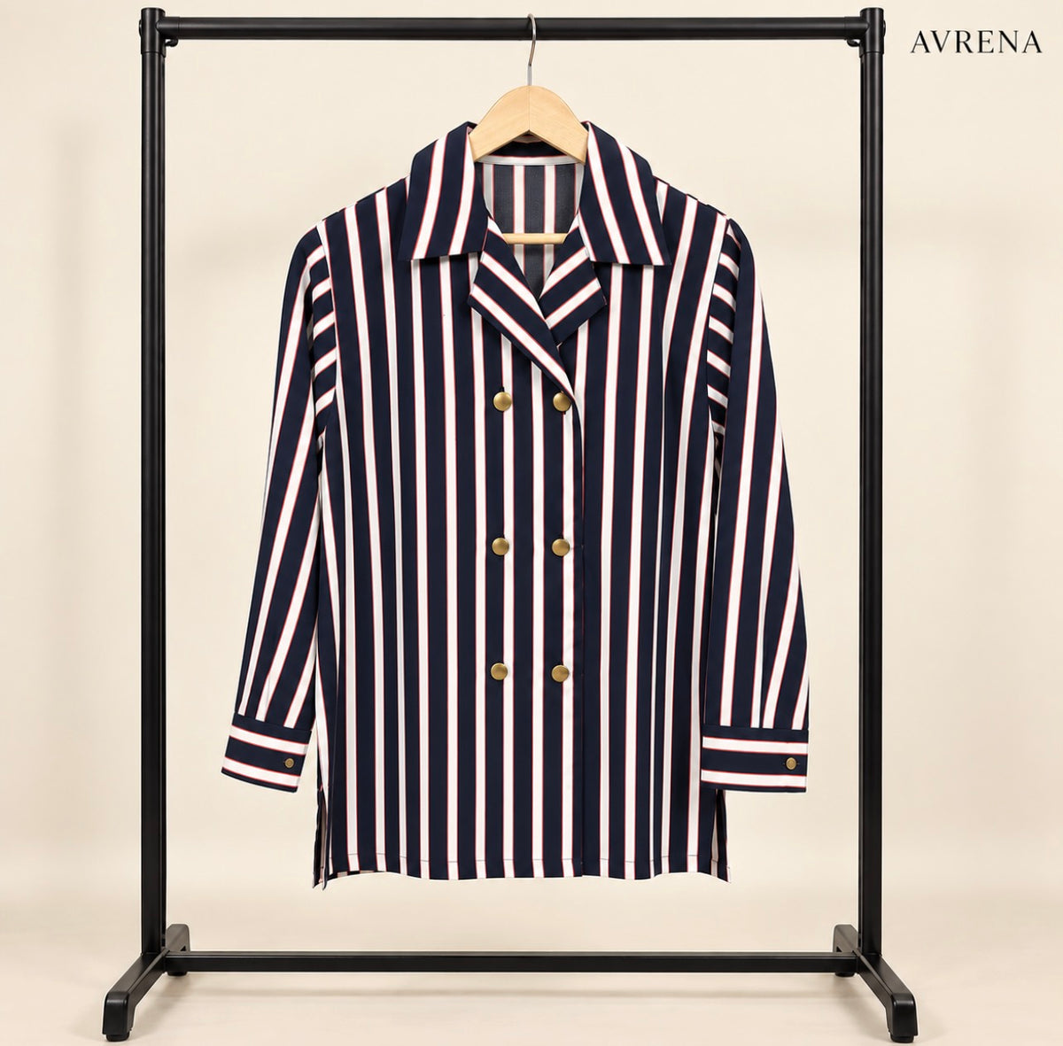 Navy & White Striped Double-Breasted Long Shirt